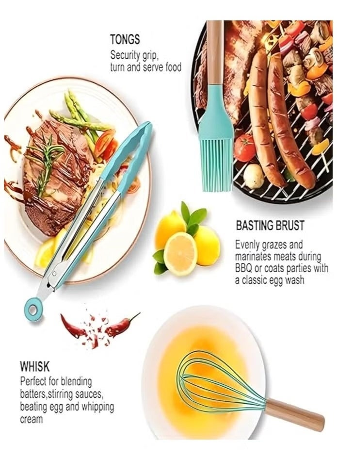 SUKILO طقم أدوات مطبخ من 19 قطعة بمقابض خشبية من السيليكون مع سكاكين، لوح تقطيع، ملاعق طهي، ملعقة تقليب، خفاقات، ملقط، والمزيد – أدوات مطبخ مقاومة للالتصاق وحرارة للطهي والخبز - Image 3